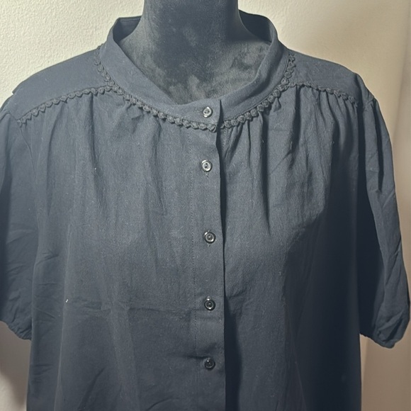 Pretty Garden black cotton buttoned down lantern short sleeves top Sz XXL new - Picture 4 of 9